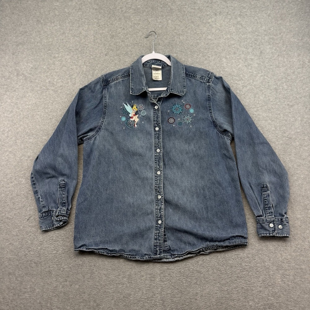 Vintage Disney Store XL Tinkerbell Shirt Long Sleeve Denim Buttons Embroidered